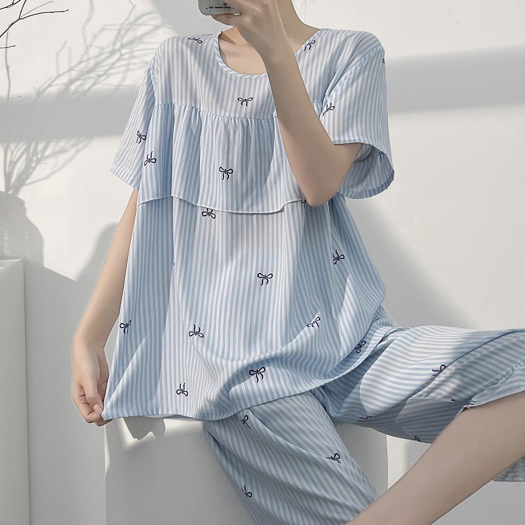 1011 New anti-bump cotton and silk pajamas women's summer ultra-thin short-sleeved trousers cotton and silk set large-size loungewear