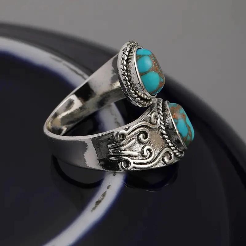 Cross Band Vintage Rings with Imitation Turquoise Stones Caved Pattern Boho Accessories for Women Elegant Lady Jewelry