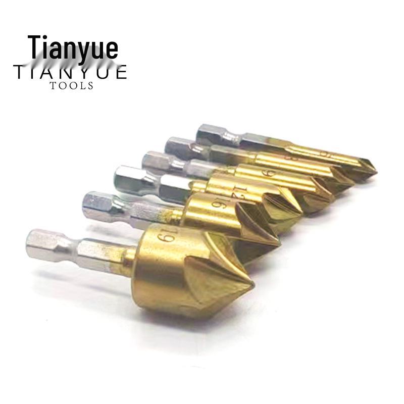 6-Piece Titanium-Plated 5-Flute Countersink Set with Hex Shank (6-19mm)