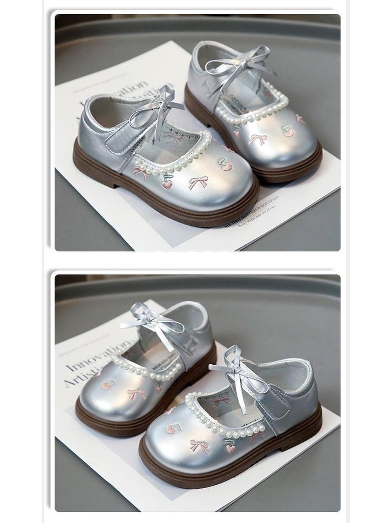 Cherry Leather Bowknot Princess Shoes for Girls - Soft Sole Pearl Trim Flats
