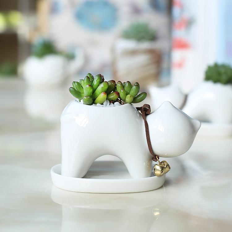 American Rural Creative White Ceramic Succulent Flower Pot, Home Decoration Mengmeng Cartoon Kitten Green Plant Potted Plant