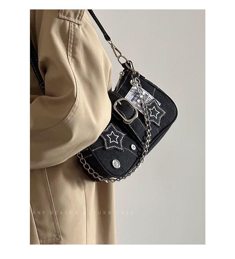 Bag Women's 2025 New Star Denim Shoulder Underarm Bag Retro Button Portable Chain Crossbody Bag
