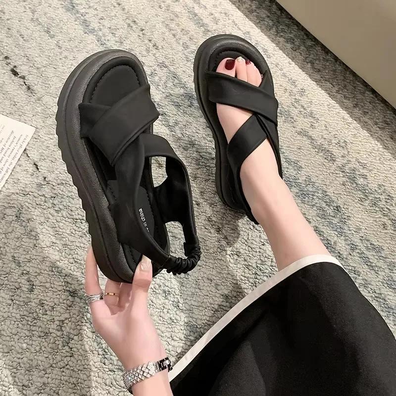 Fashion Women's Sandals Casual 2025 Summer Straight Buckle Open Toe Rubber Sole PU Solid Beach Fashion Sandals Women Sandalias Mujer