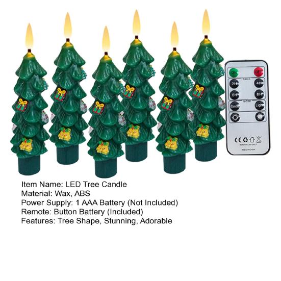 6 Pcs LED Flameless Tree Taper Candles with Remote 5.12" Real Wax Flickering Candles with 3D Flame Wick Battery Operated Candlesticks for Holiday
