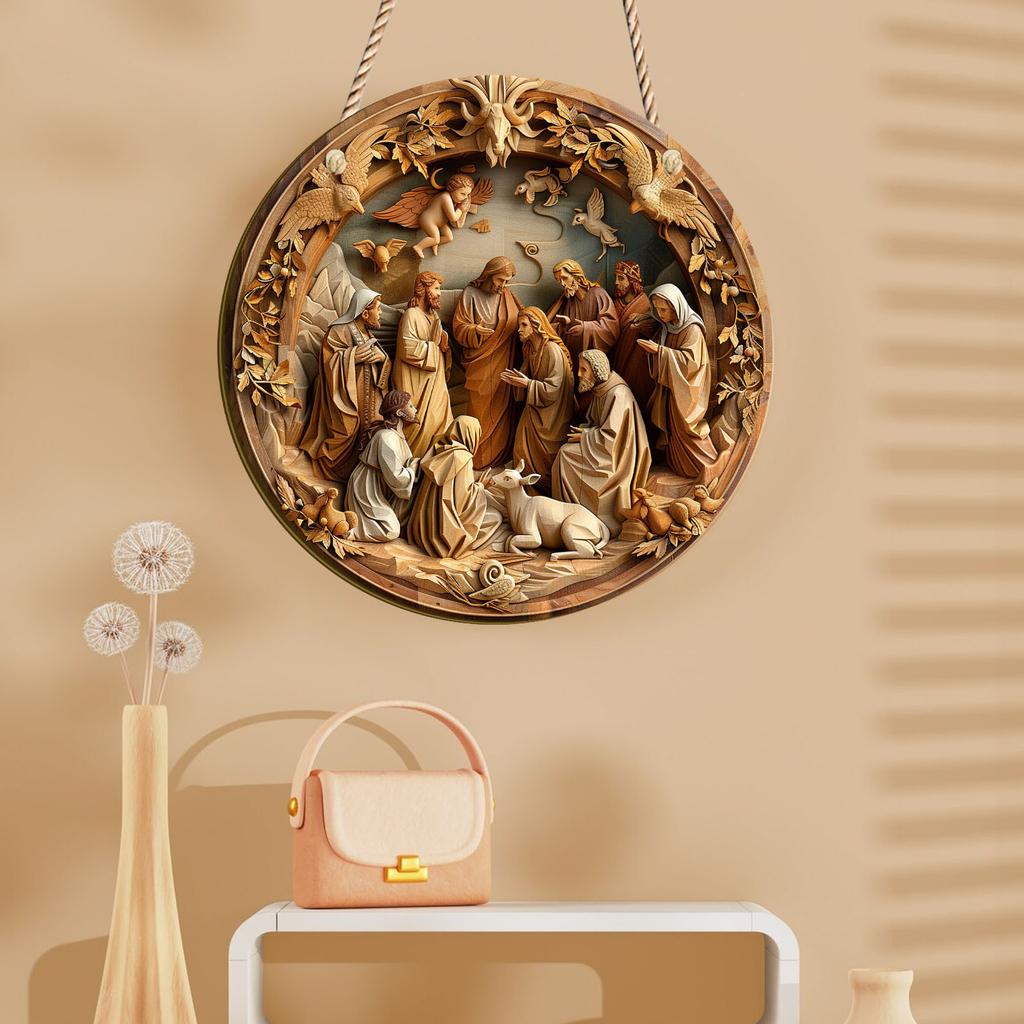 5pcs Rustic Wooden 2D Nativity Scene Wall Hanging, Classic Style Christmas Ornament, Festive Home & Kitchen Decor, UV Printing, High-Quality Material