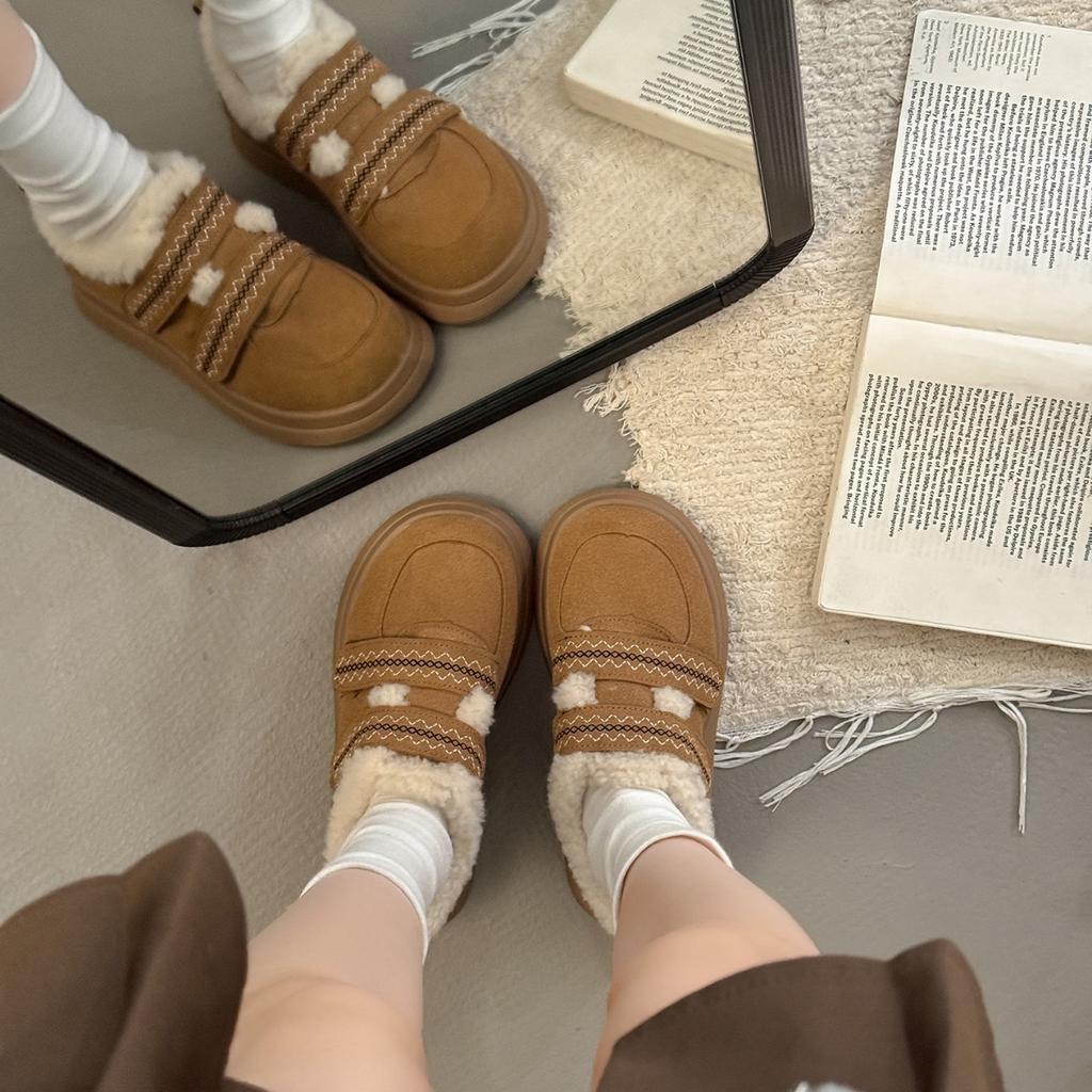 Retro Brown Thick-soled Piled Thickened Snow Cotton Shoes Women's 2025 New Winter Heightening Warm Mao Mao Boken Shoes