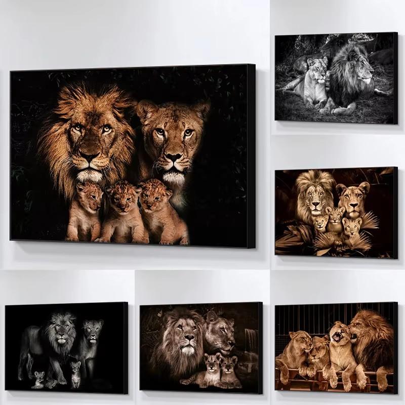 Modern Lion Family Wall Art Canvas Painting Print Posters Nature Animal Tiger Mural Pictures for Living Room Home Decoration