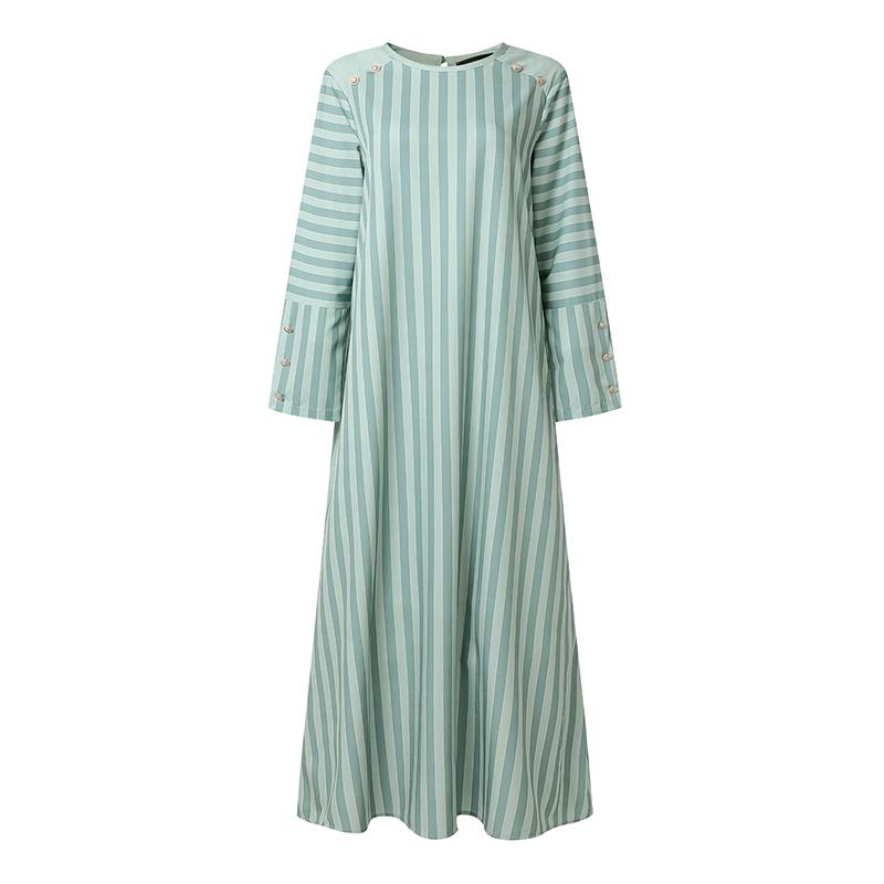 ZANZEA Women Casual Round Neck Loose Long Sleeve Stripe Print Vintage Long Dress S