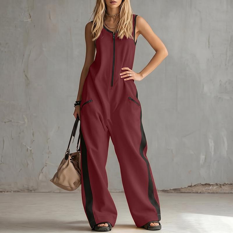 ZANZEA Damen Casual Rundhals Ärmellos Locker Lang Jumpsuits 2XL rot