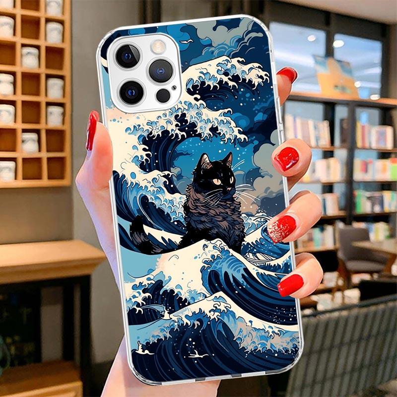 Anime Cat Sea Wave Aesthetic Cover Phone Case For iPhone 16 17 Air 15 14 Pro Max 16E Phone Case 13 Mini 12 11 7 SE 8 Print Patte