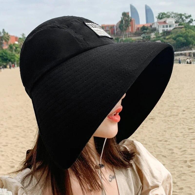 Women Summer Hat Big Brim Adjustable Anti-UV Protection Fisherman Hat Foldable Beach Sun Hats Empty Top Hat Ponytail Hat Travel