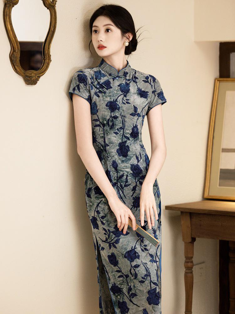 Eleganckie Cheongsam z Nadrukiem Niebieskich Róż - Kolekcja Lato 2025 dla Młodych Dziewcząt