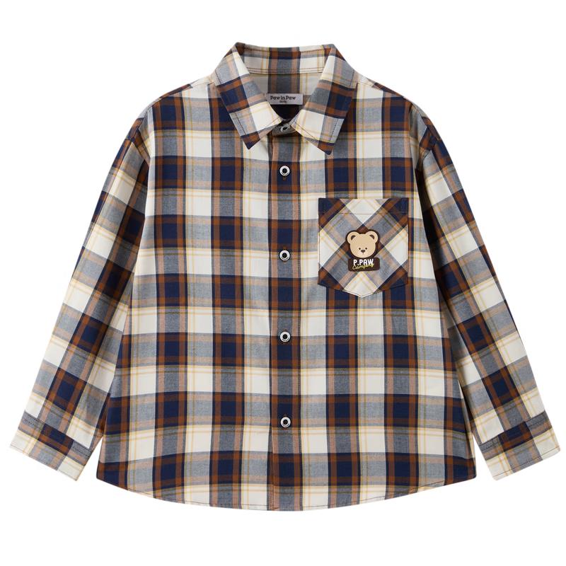 Мальчишеская клетчатая рубашка с воротником и мультяшным мишкой PawinPaw 110