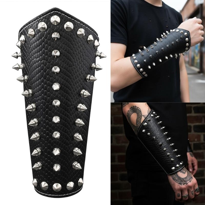 Gotický cvočkovaný nátepník s kovovými nýty pro punkovou módu Měkká PU kůže Nastavitelný náramek na zápěstí Kostým