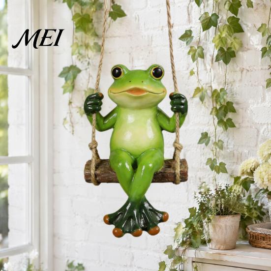 Pastoral Style Outdoor Decor Garden Swing Frog Statue, Resin Hanging Ornament, Whimsical Hand Painted Crafts Cute Figurine for Front Porch Yard