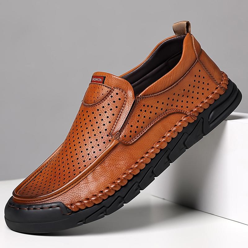 

2025 summer new men s hollow hole shoes one pedal punching casual sandals soft leather soft sole daily single shoes 44