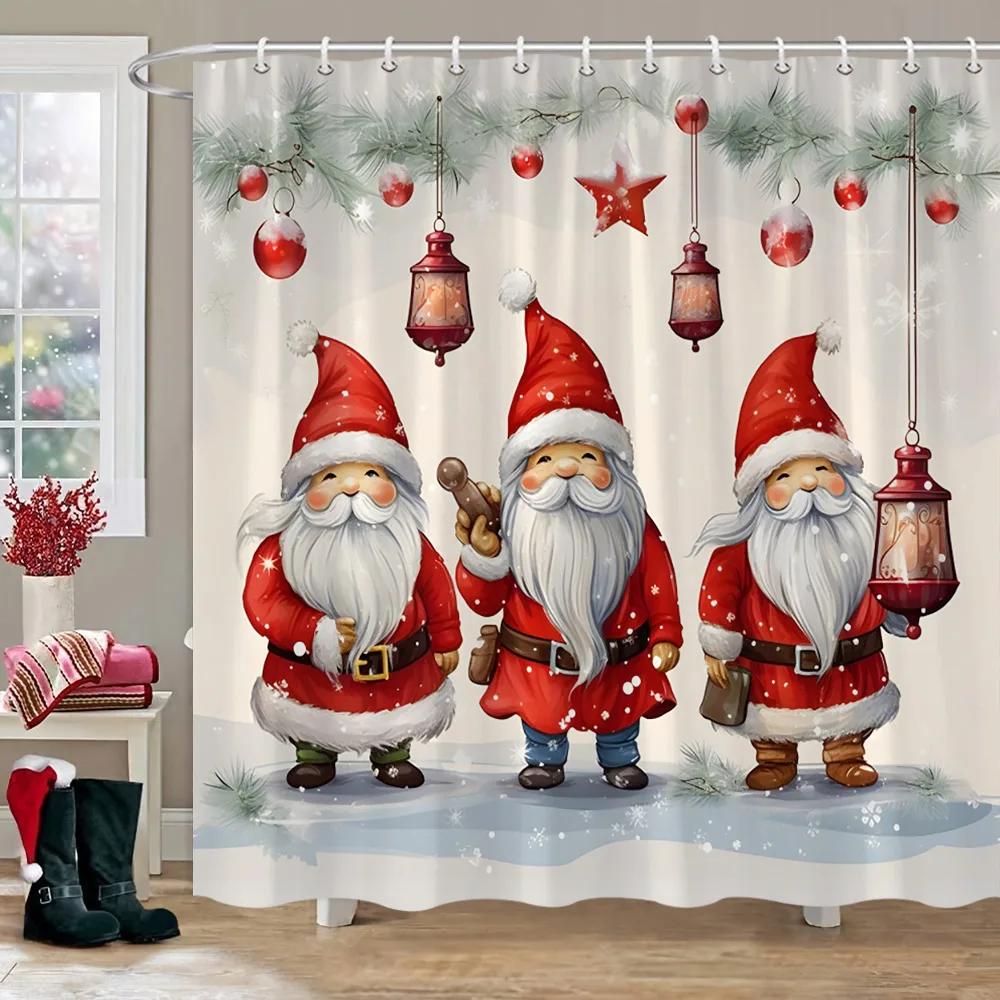 Christmas Theme Shower Curtain Winter Snow Christmas Tree Deer Rustic Wooden Panel Fabric Washable Shower Curtain Bathroom Decor