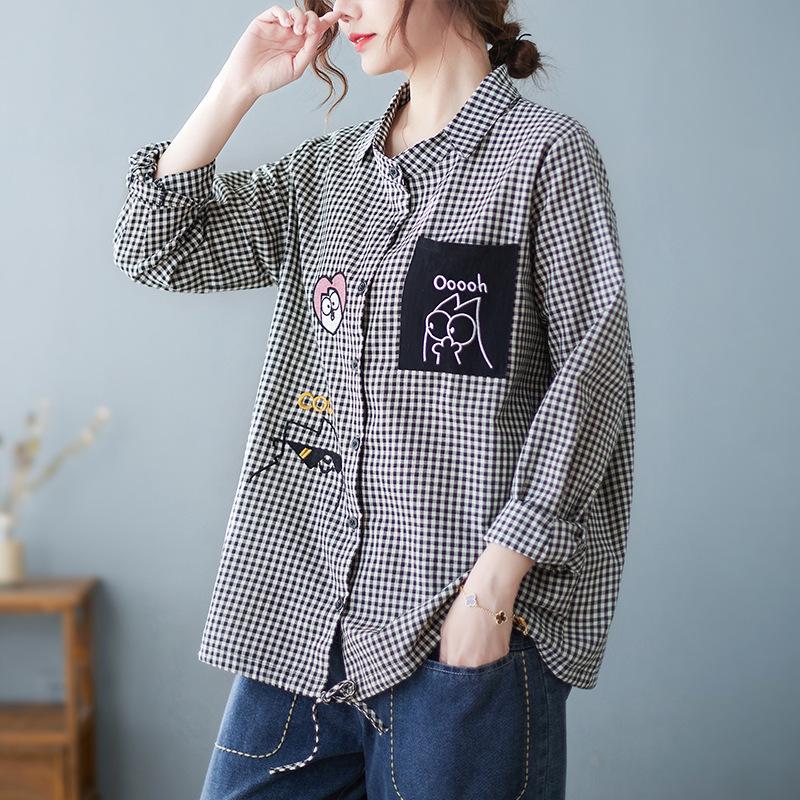 Lente Koreaanse Losse Geruite Kraag Lange Mouwen Shirt Dames