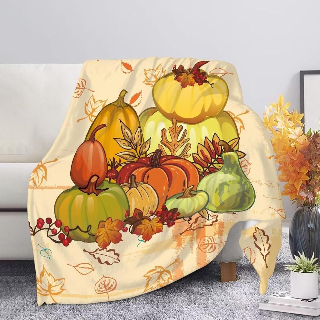 Harvest Autumn Throw Blanket Pumpkin Farmhouse Fallen Leaves Blanket Cozy Soft Lightweight Flannel Plush Blankets for Bed Couch