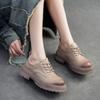 Johnature Vintage Genuine Leather British Style Pumps Versatile Thick Sole Lace-up Women's Shoes