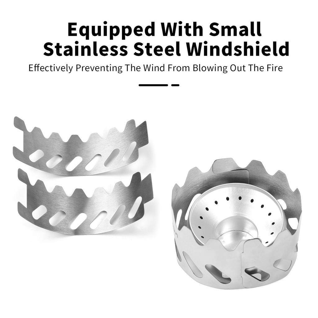 Mini Backpacking Stove 80ml Aluminum Alcohol Burner with Small Stainless Steel Windshield Portable Camp Stove for