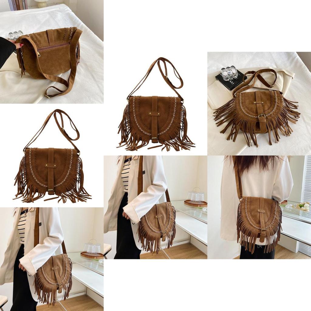 Pu Suede Fringed Saddle Bag With Zipper Closure For Daily Use And Bohemian Style