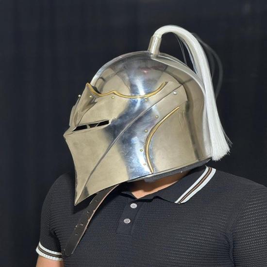 Handcrafted Medieval Steel Knight Helmet with Plume, Gothic LARP Cosplay Armor Gift