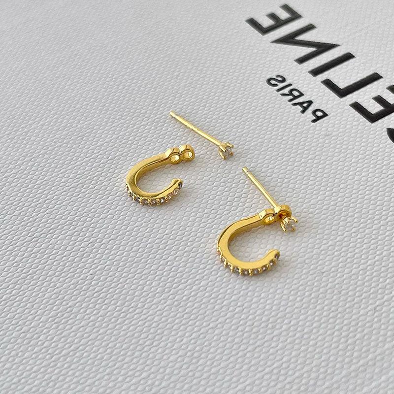 Unique Design Sense, Rear Hanging Zircon C-Shaped Stud Earrings For Women'S Niche Personality, Fashion Temperament, Versatile Earrings