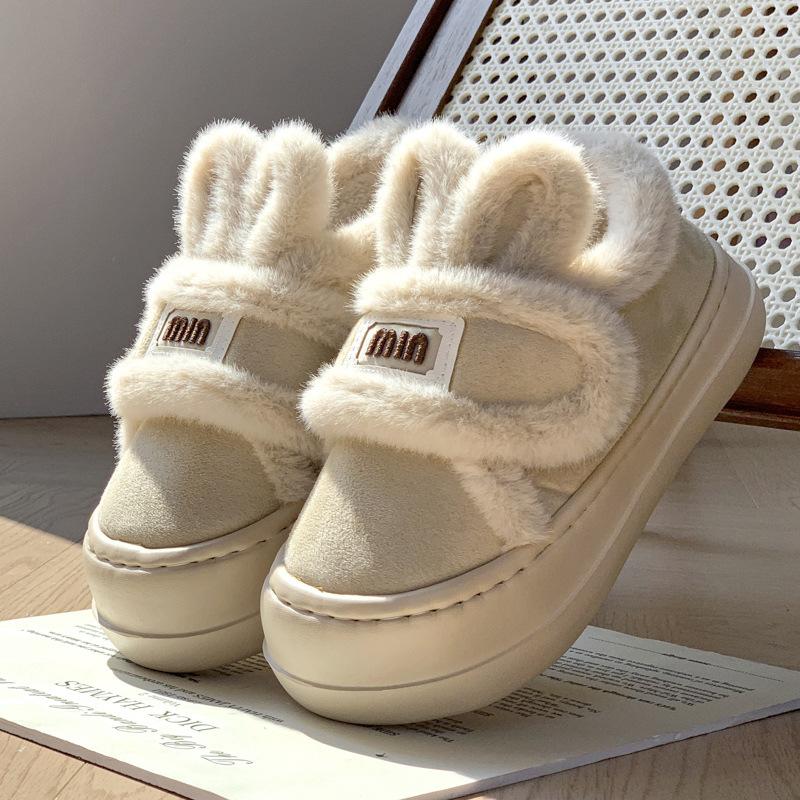 Rabbit ear cotton slippers winter 2025 new indoor home platform cute plush warm bag and cotton shoes outside wear