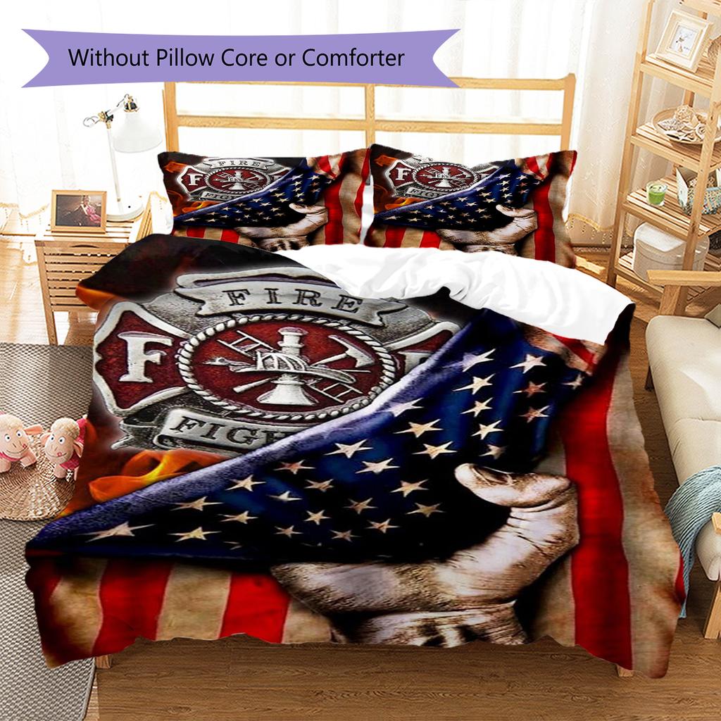 Firefighter Pattern Bedding Quilt Set Quilt Cover Pillowcase Home Decoration Gift (1 * duvet cover + 2 * pillowcase, without core)