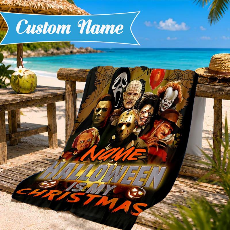 Custom Name Halloween Horror Christmas  Beach Towel Microfiber Beach Towel, Lightweight and Quick-Dry, for Summer Travel, Swimming Pool Gift