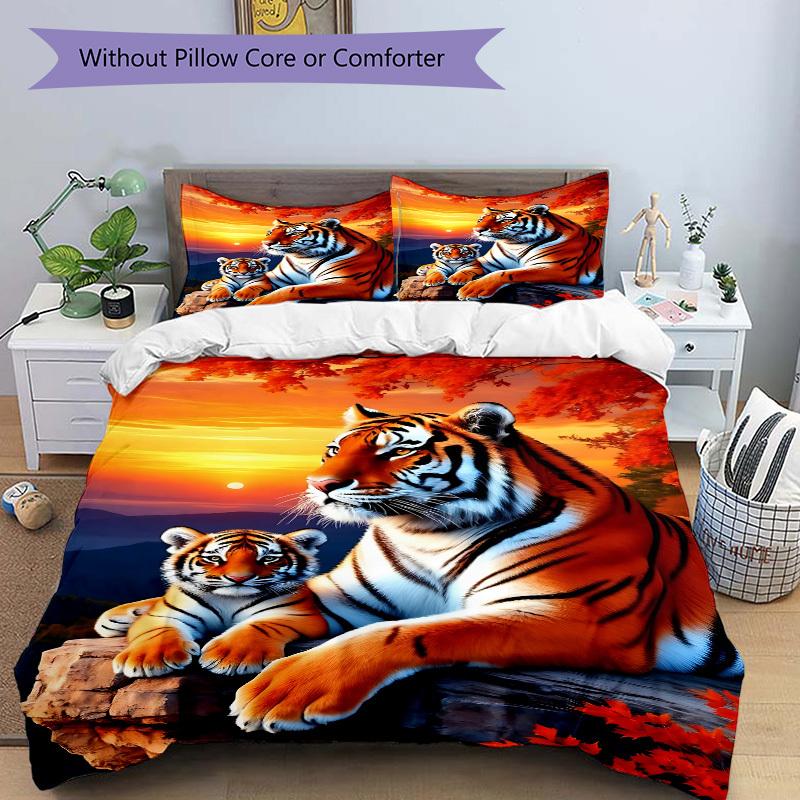 3pcs Tiger Print Bedding Set - 1 Duvet Cover + 2 Pillowcases(Core Not Included), Machine Washable Polyester, All-Season Comfort, Bedroom Dec