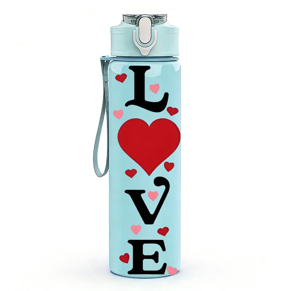 1PC Vertical Love Word Red Heart Lettering Print 750ml Color Plastic Sports Water Bottle Leakproof Flip Straw Lid Suitable for Sports Office Home Use