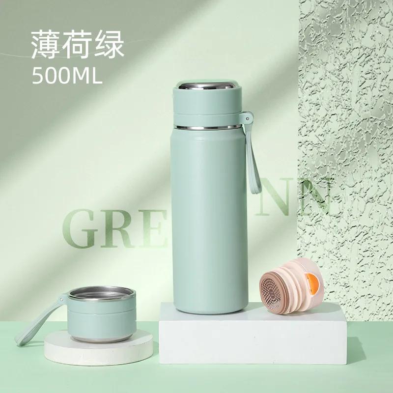 350/500/600ml 316 Stainless Steel Vacuum Flask, Portable Outdoor Sports Water Bottle with Drinking Cup Lid & Carry Lanyard
