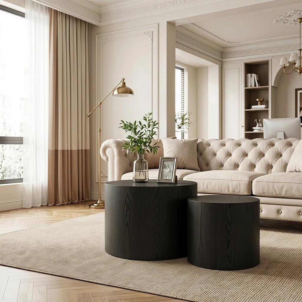Two-Piece Set, Round Table with Non-Slip Feet, Wooden Side Table for Living Room, Bedroom, Office, Balcony, Terrace, No Assembly Required, Black