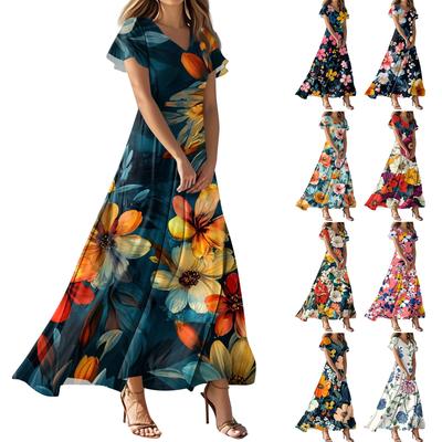 Lässiges Damenkleid mit V-Ausschnitt, kurzen Ärmeln und hoher Taille, Retro-Blumenblatt-Print