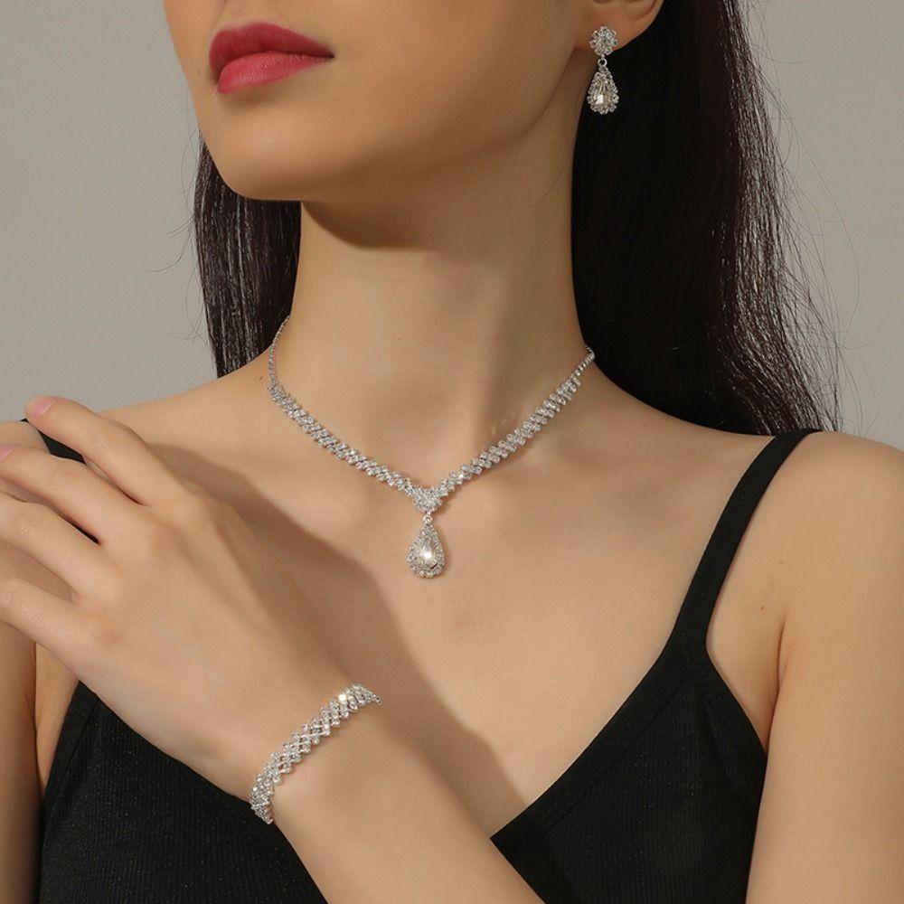 Zircon Necklace Earring Set Luxury Rhinestone Bracelet Trendy Bridal Jewelry Set  Wedding