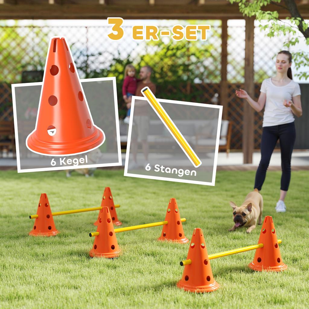 Dog Agility Equipment Set of Six Cones, Six Poles with Carry Bag, Three-Piece Adjustable Height Jumping Obstacles Orange