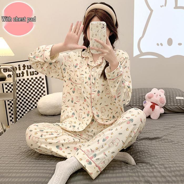 2024 Cute Spring/Autumn Women's Crepe Pajama Set with Chest Pad, Lapel Cardigan, Long-Sleeved Top, and Trousers.