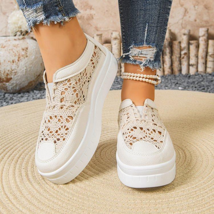 Women s Thick Soled Shoes Fashion Hollow Out Embroidery Slip-On Board Shoes Casual Flat Platform Shoes 43