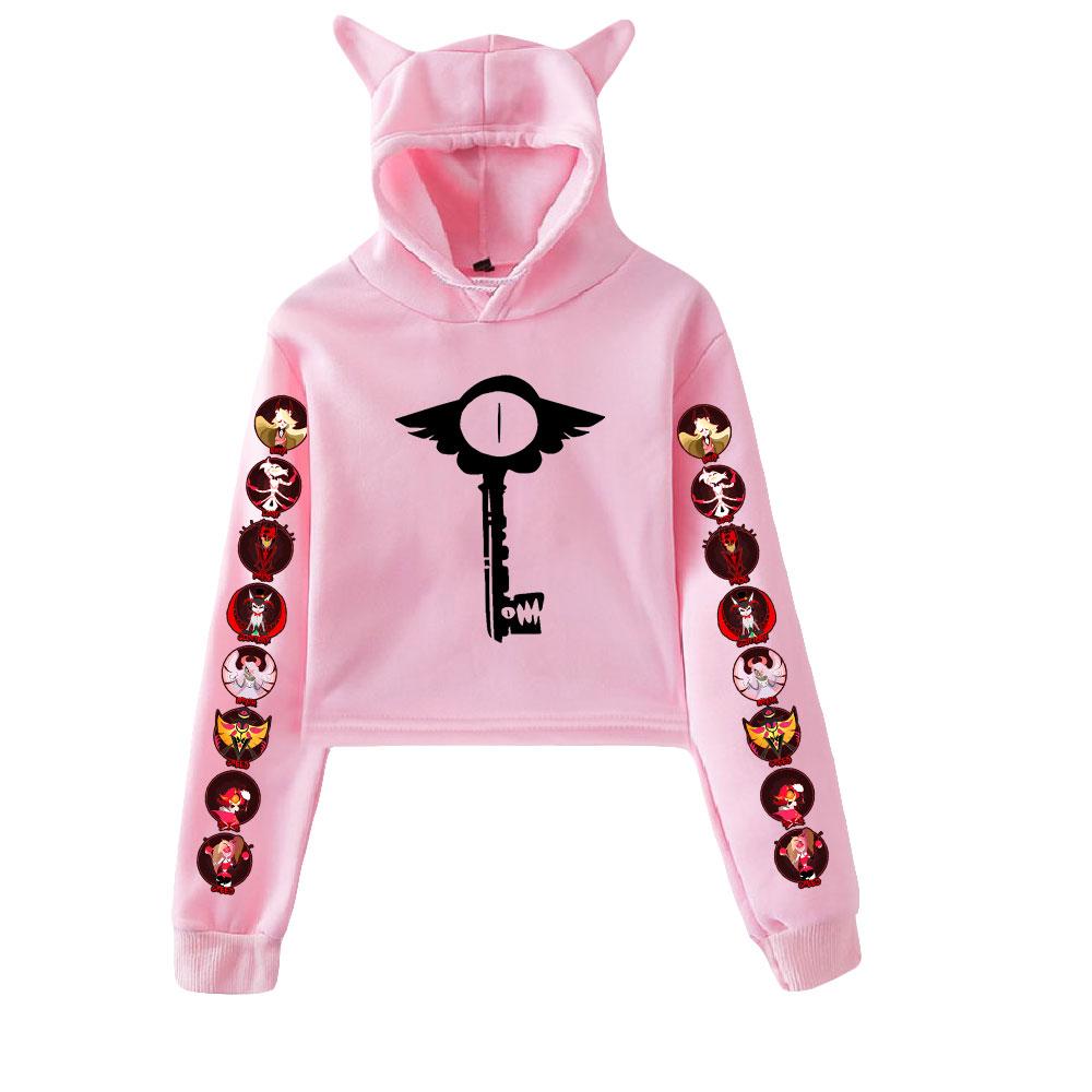 Women Long Sleeve Hoodies Casual Pullovers Cat Ears Hoodie Hazbin Hotel Print Crop Top Black Sweatshirts Female Clothes