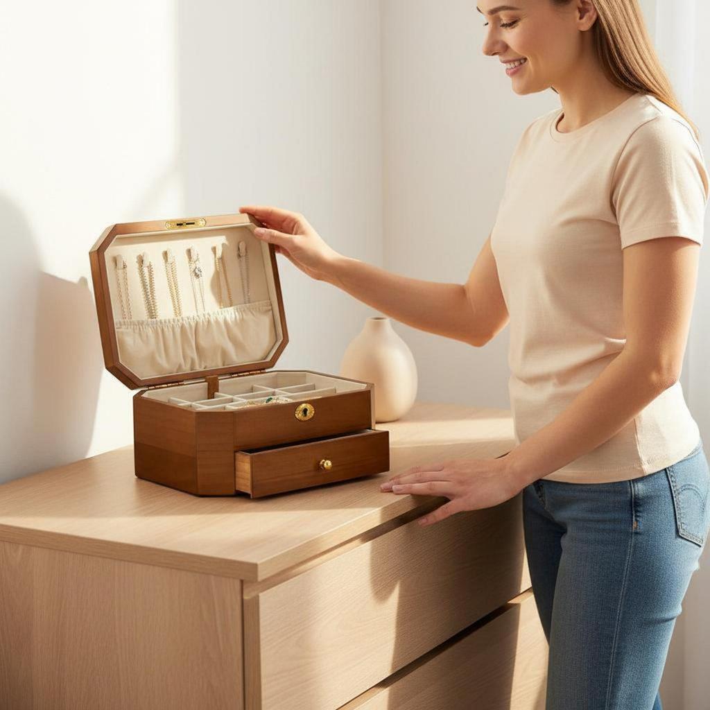 Lockable Jewelry Box Large Capacity Wooden Band Slots for Bedroom
