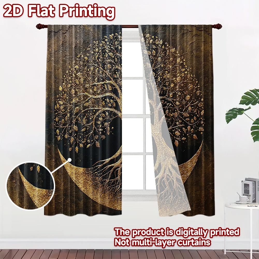 2D flat printing 2pcs Curtain Window Curtains Golden Tree Design Digital Printed Polyester Drapes Festive Wall Decor Perfect for