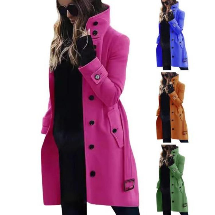 Plus Size Winter Woolen Coat High Collar Single Breasted Belted Jacket Long Sleeves Pure Color Thick Warm Dating Shopping Outerwear