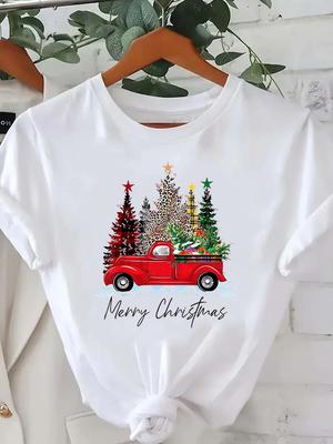 (Asian Size) Short Sleeve T-shirts  Print Merry Christmas O-neck Women's Top Tree Style Cute New Year T Clothing Fashion Holiday Graphic Tee