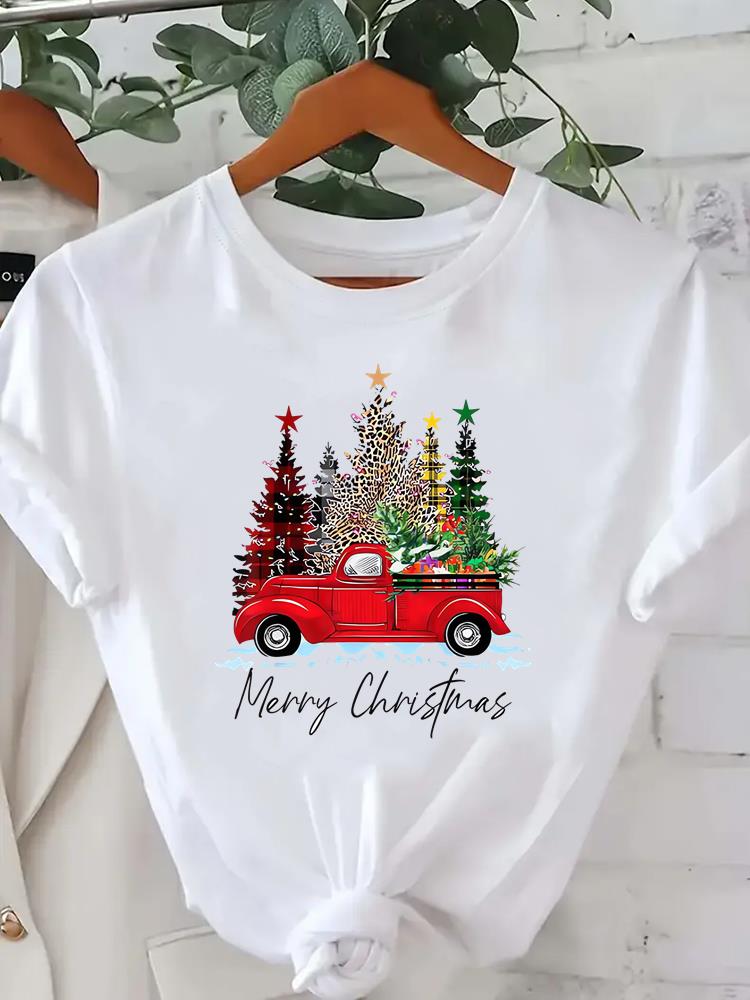 (Asian Size) Short Sleeve T-shirts  Print merry Christmas o-neck festival lovely Women's Top new year T Clothing Fashion holiday Graphic Tee