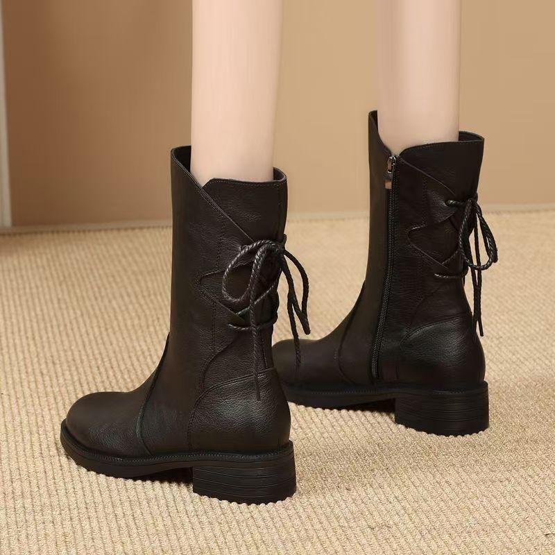 British medium boots women's 2025 winter new leather boots thick heel mother medium heel Martin boots fashion versatile boots