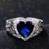 Anniversary Heart Ring,Blue Sapphire Center with Diamond-Cut Zircon Halo in Polished  Silver,Bridal Jewelry Gift for Her