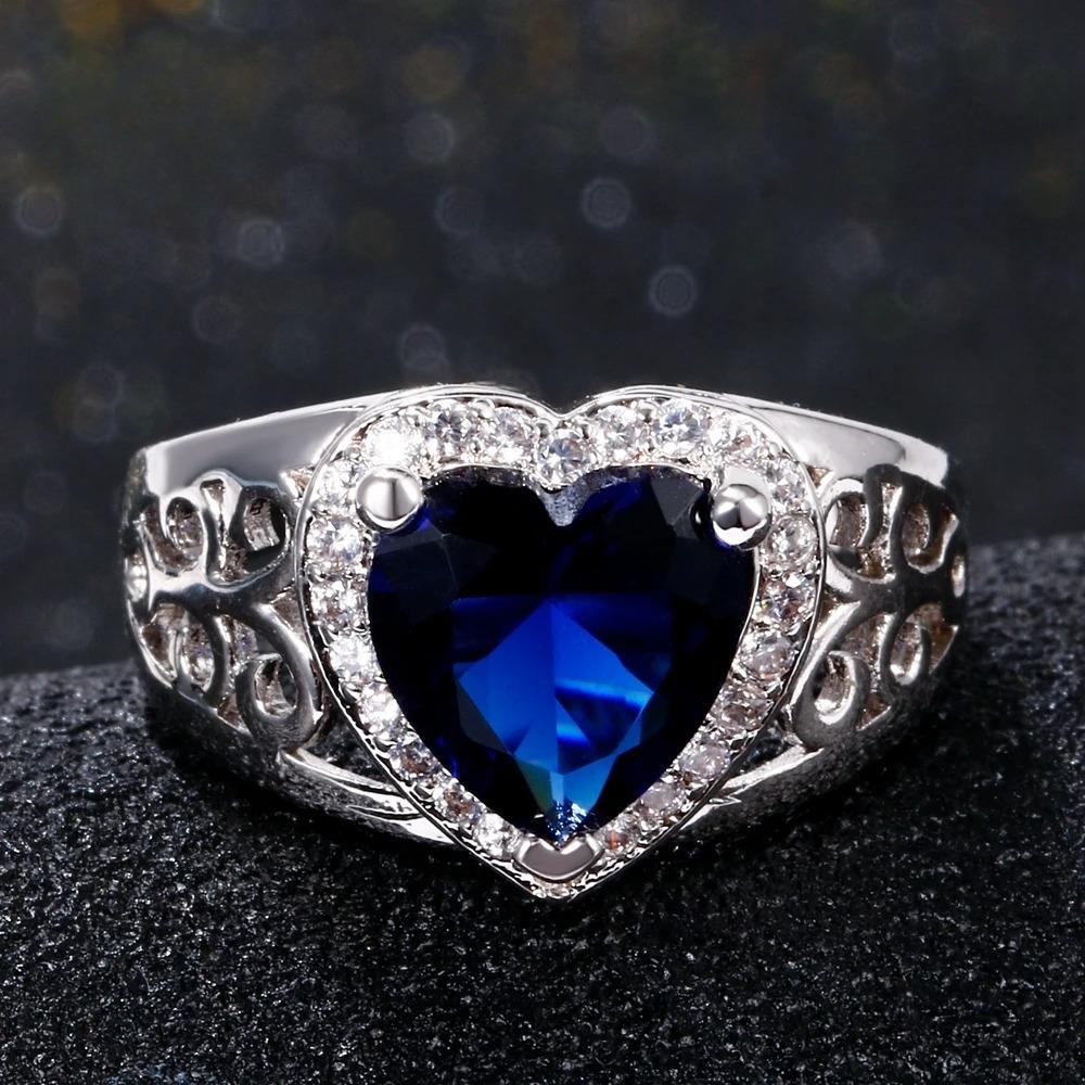 Anniversary Heart Ring,Blue Sapphire Center with Diamond-Cut Zircon Halo in Polished Silver,Bridal Jewelry Gift for Her