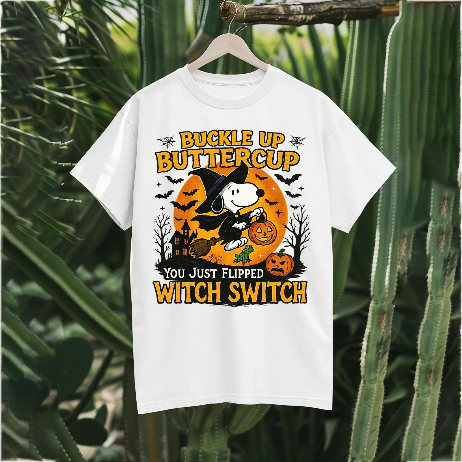 Buckle Up Buttercup Halloween Shirt – Witch Dog on Broom with Pumpkin Graphic XXXXL